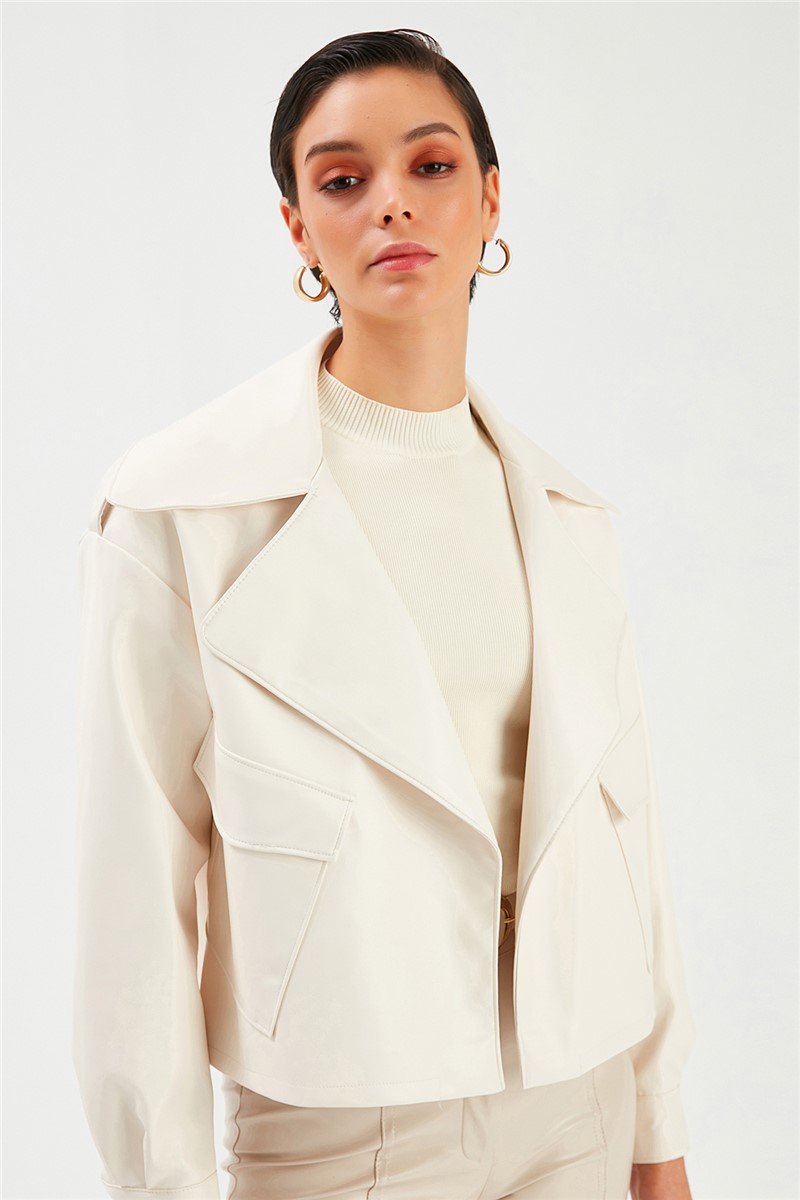 Women's leather jacket with external pockets - Ecru #364499