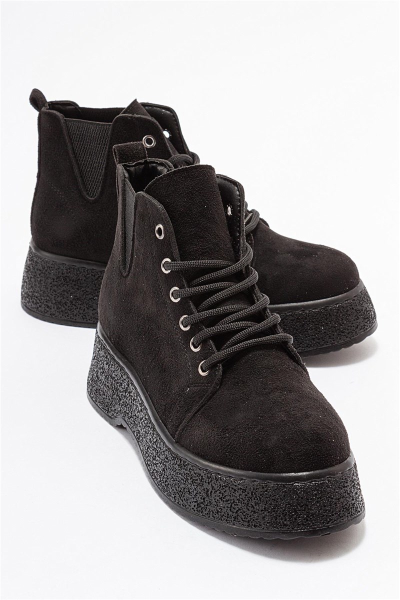 Women's Lace Up Suede Boots - Black #403704