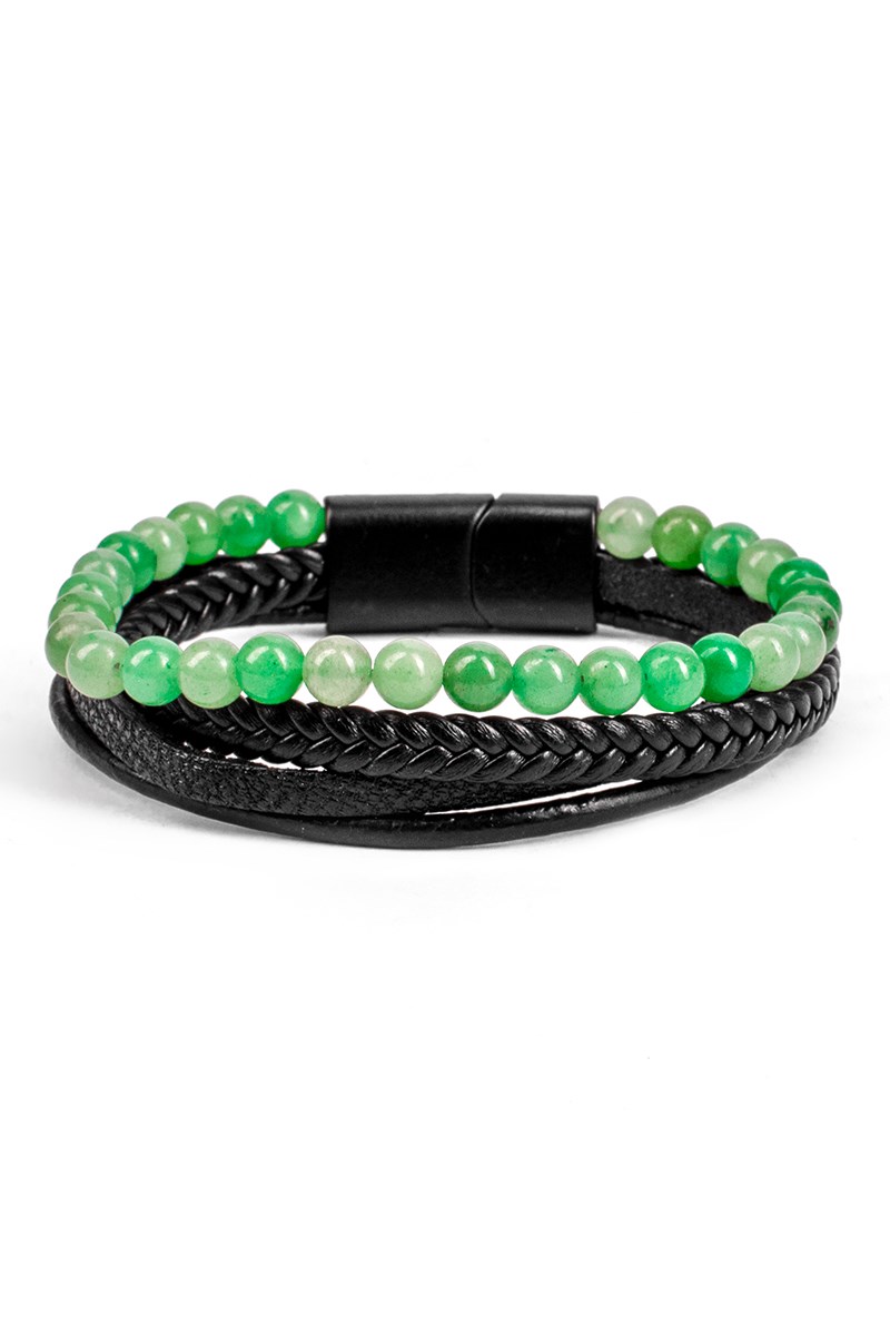Men's Set of 3 Leather  and Stone Bracelets - Light green 20230901002