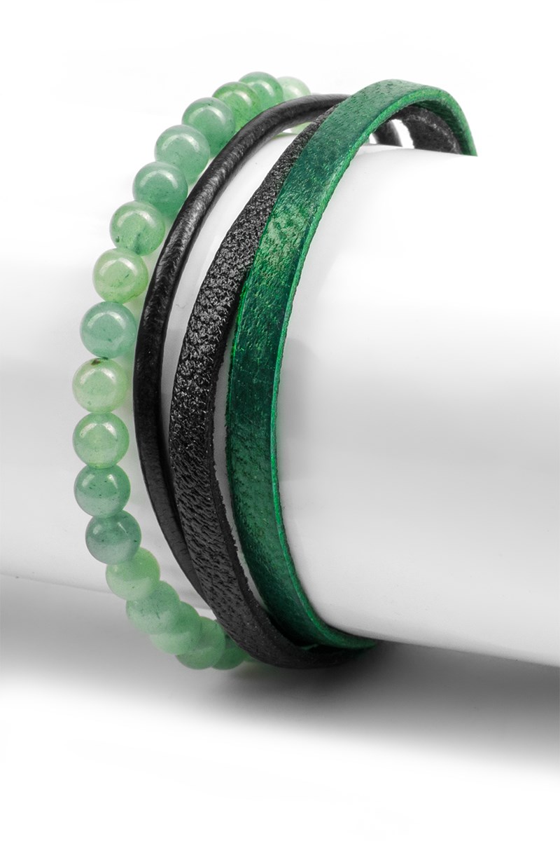 Men's Set of 3 Leather and stone bracelet - Black and Green 20230901021